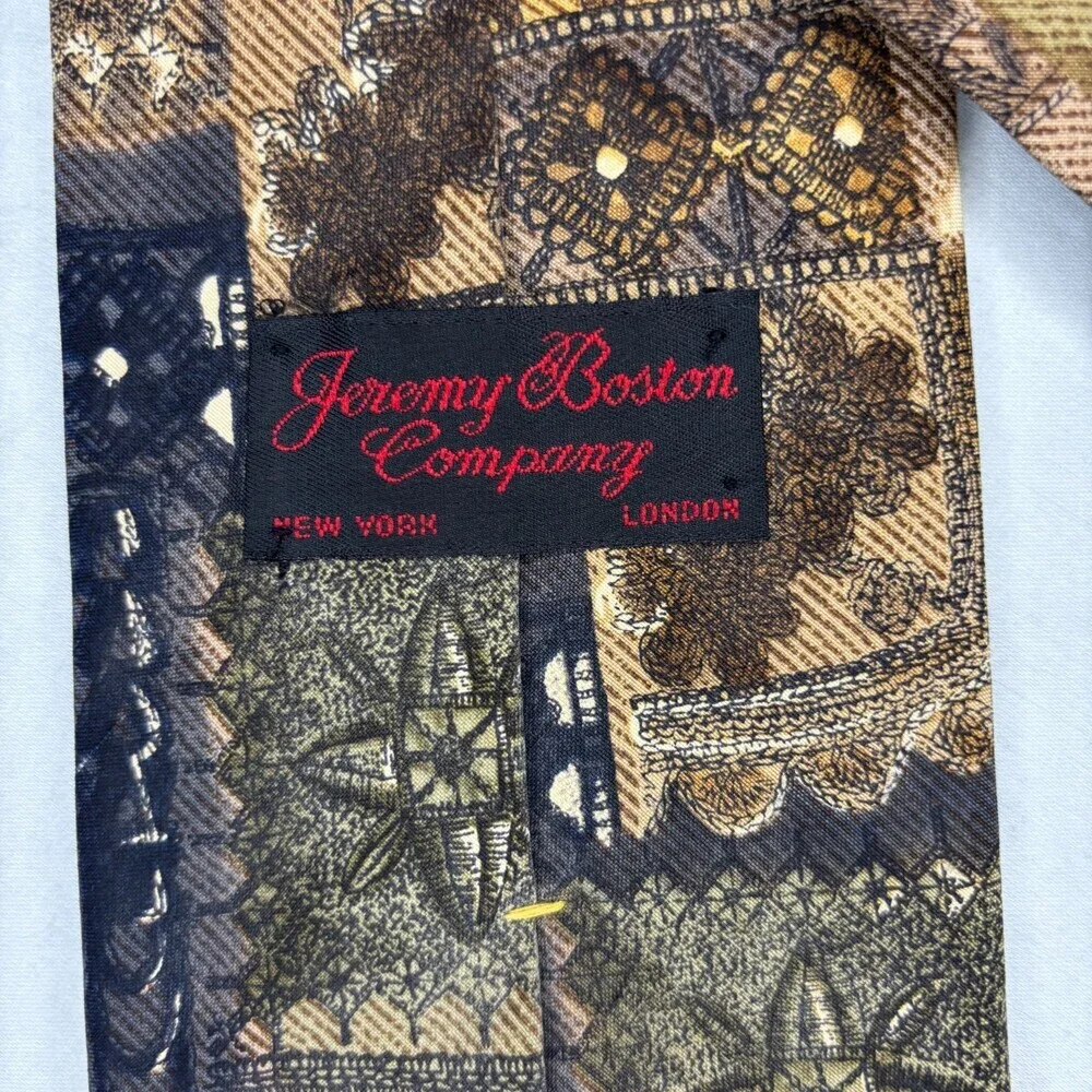JEREMY BOSTON Company 100% Silk Sandwasher Mens Necktie Tan Blue Classic